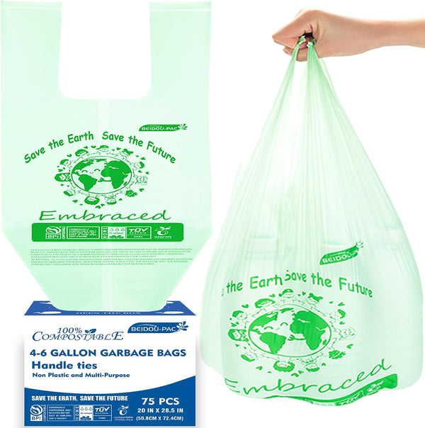4-6 Gallon Compostable Trash Bags, 75 Count, Sturdy Biodegradable Garbage Bags with Handle