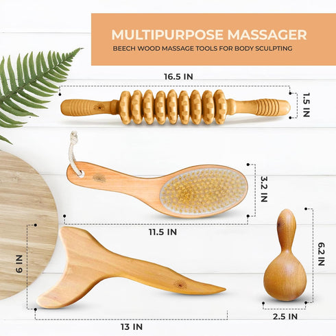 Nuddspa 4 (4 Pack) Wood Therapy Massage Tools Pcs, Lymphatic Drainage Massager, Maderoterapia Kit, Anti Cellulite