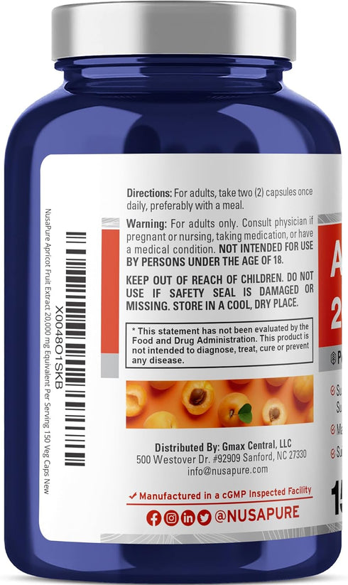 NusaPure Apricot Extract 20000mg, 150 Veggie Capsules, Vegan, Non-GMO