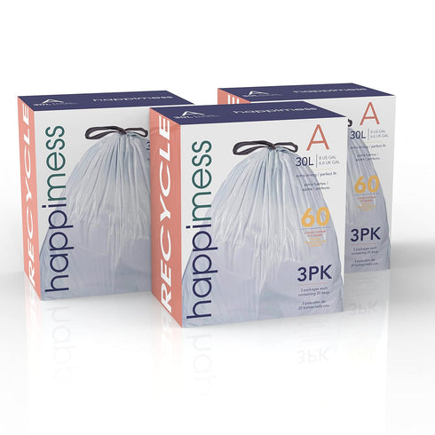 happimess HPM3000A-CLEAR 7.9 Gallon Kitchen Drawstring Trash Bags, 60 Count, 3-Packs of 20 Liners