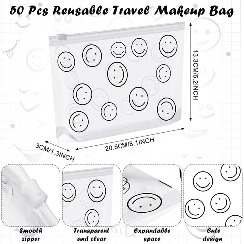 50 Pcs Clear Zipper Pouches Clear Makeup Pouches Toiletry Bags Leakproof PE Pouch with Zipper Transparent Plastic Travel Cosmetic Bags for Women Men