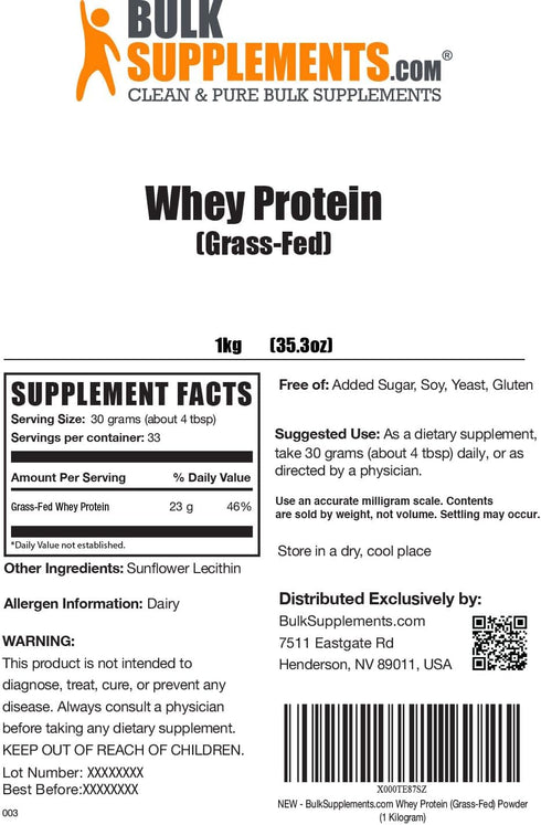 BulkSupplements.com Grass Fed Whey Protein Powder - Unflavored, Gluten Free, 30g per Serving, 1kg (2.2 lbs)