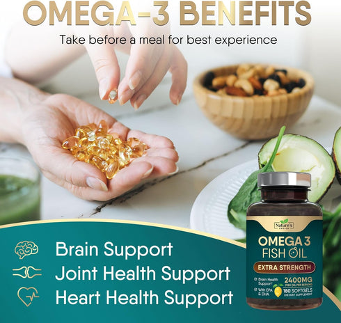 Triple Strength Omega 3 Fish Oil 2400 mg Supplement, Nature's Omega-3 for Brain & Heart Health - 180 Softgels