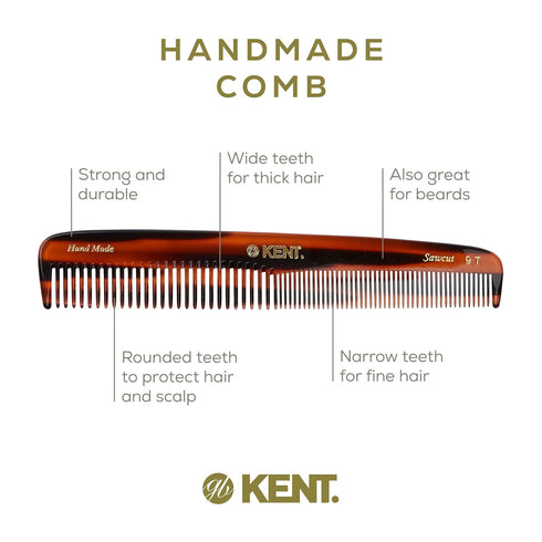 Kent 9T Tortoiseshell Fine Tooth and Wide Tooth Comb, Large Handmade Detangler Hair Comb for Wet Hair, Made in England