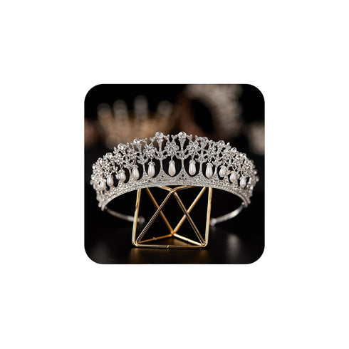 SWEETV Princess Diana Tiara for Women, Silver Pearl Wedding Crown for Bride