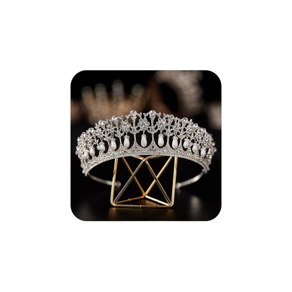 SWEETV Princess Diana Tiara for Women, Silver Pearl Wedding Crown for Bride