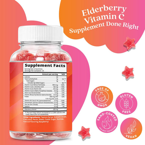BeLive Elderberry Gummies with Zinc, Vitamin C, D, A, E, B12 - 50 Ct Immune Support Supplement, Vegan, Raspberry