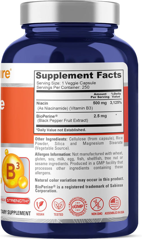 NusaPure Flush Free Niacin 500mg, 250 Caps (Vegan, Non-GMO) with Bioperine