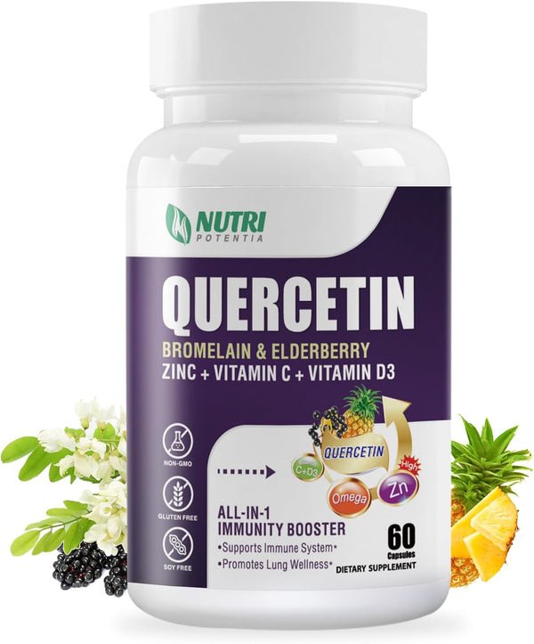 Quercetin with Bromelain, 500mg Capsules, Vitamin C & D3, Zinc, Elderberry for Lung Immune Support, 60 Capsules