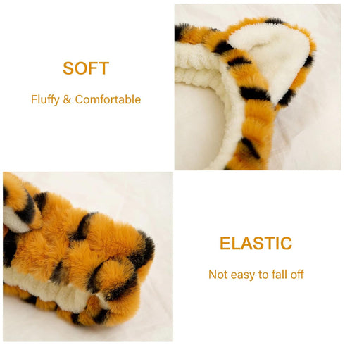 2 PCS Women Animal Ear Tiger Print Fuzzy Hairband, Elastic Stretch Head Wrap for Skincare Spa