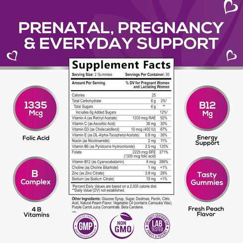 Prenatal Gummy Vitamins for Women, Prenatal Multivitamin with Folic Acid for Fetal Support, Vitamin A, C, D3, B12 & B6, Nature's Pregnancy Vitamins with Folate - 60 Gummies, 30 Day Supply