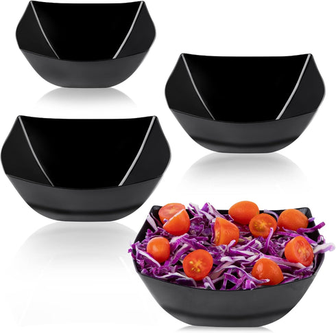 PLASTICPRO Disposable Square Serving Bowls, 4 Pack 16 Ounce Black Snack or Salad Bowls