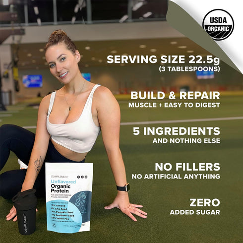 Complement Organic Unflavored Vegan Protein Powder (15 Servings), Low Carb, Low Calorie, Sugar Free, Soy Free, Non-GMO,