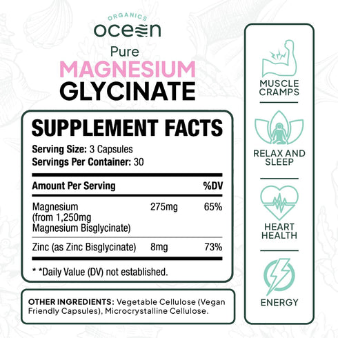 Pure Magnesium Glycinate with Zinc - Maximum Strength Chelated Magnesium Supplement for Muscle Cramps and Sleep Support