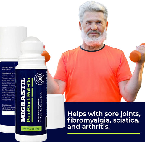 Basic Vigor Migrastil PainBlock Roll-On, 3 oz for Muscle Aches, Cramps, Joint & Nerve Discomfort, Works on Shoulders,