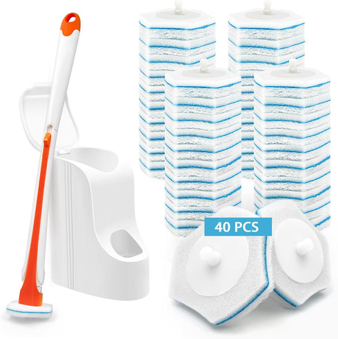 JEHONN Disposable Toilet Bowl Cleaner Wand with 40 Cleaner Refills, Wall Mounted Long Handle Bathroom Scrub Brush Set