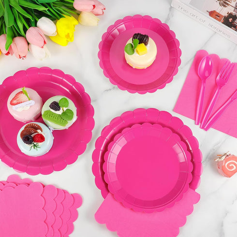 175 Pcs Hot Pink Party Supplies, Includes 25 Guest Hot Pink Plates, Napkins, Cups, and Plastic Spoons