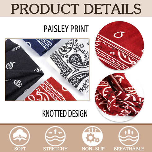 Urieo Knotted Boho Bandanas Headband, Paisley Hair Turban for Women, Sport Yoga (Pack of 4) (A)