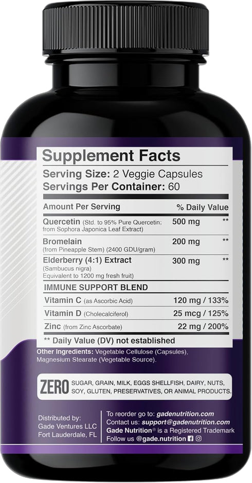 Quercetin with Vitamin C and Zinc - Elderberry, Quercetin 500mg, Quercetin with Bromelain, Zinc Quercetin, Vitamin D3 -