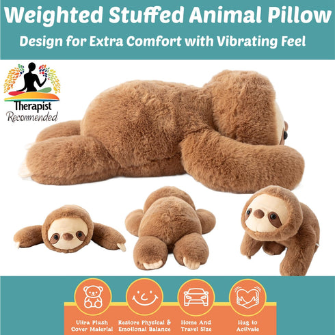 Snugglekid 11 20 inches Sloth Sensory Weighted Vibrating Pillow, Pressure Activated for Kids Adults, Plush Minky Soft