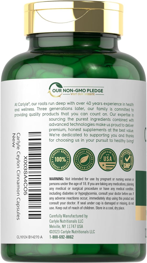 Carlyle Ceylon Cinnamon Capsules | 120 Count | 60 Servings | Non-GMO, Gluten Free
