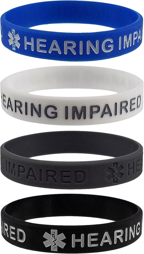 HEARING IMPAIRED Medical Alert ID Silicone Bracelet Wristbands - 4 Pack