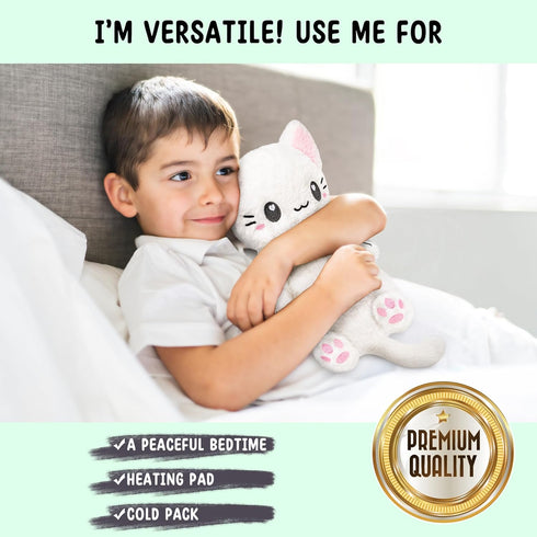 White Cat Microwavable Heating Pad, 1.5 lbs Unscented Plush Pillow for Women & Kids, Cute Hot & Cold Plushie