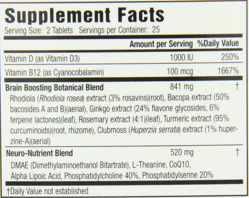 Applied Nutrition Healthy Brain All-Day Focus, 50 Tablets, 3-in-1 Brain Booster