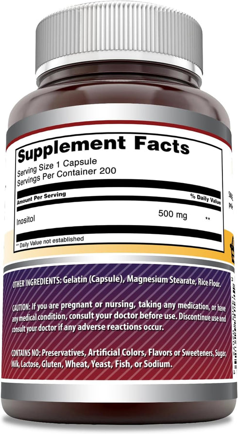 Amazing Formulas Inositol 500 mg - 200 Capsules, Supplement, Vitamin B8, Non-GMO, Gluten Free, Made in USA