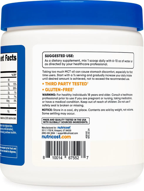 Nutricost Premium MCT Oil Powder, 0.5 LBS - Best for Keto, Zero Net Carbs, Non-GMO, Gluten Free
