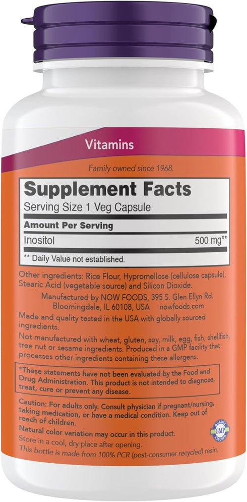 Now Foods Inositol 500 mg, Superior Myo Inositol form, for Healthy Membrane Function*, Cellular Health*, Support for Women* Kosher, Suitable for Vegans - 200 Vegetarian Capsules (Pack of 1)