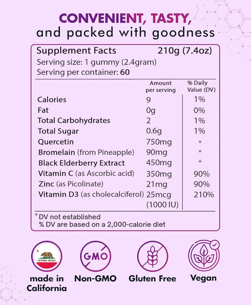 BIO VITALICA Quercetin Gummies by BioVitalica - Quercetin with Bromelain Vitamin C and Zinc & Elderberry + Vitamin D3-5 in 1 Immune Support - Zinc Quercetin 750 mg for Kids and Adults (1)