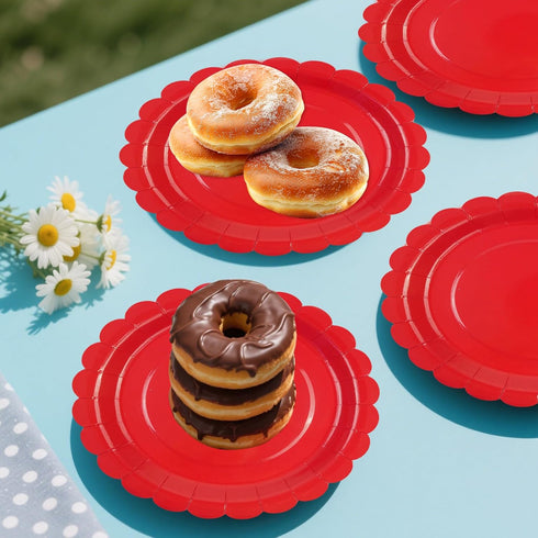 Xjoviative 50 9 Inch, 9 INCH) Pcs Red Paper Plates Scalloped Paper Plates Disposable Cake Dessert Dinner Plate