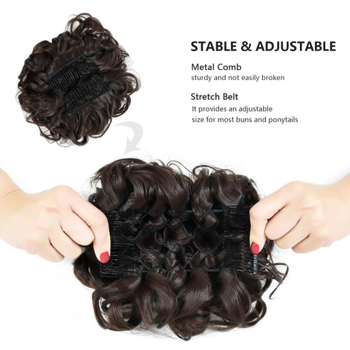 Rose Bud Chignon Hairpiece, Curly Bun Extensions Scrunchie Updo Synthetic Combs for Women, Medium Brown