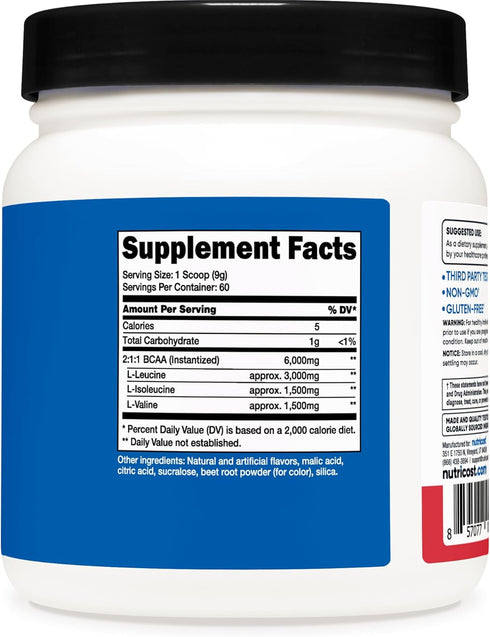 Nutricost BCAA Powder (Strawberry Kiwi) 60 Servings, Optimal 2:1:1 Ratio