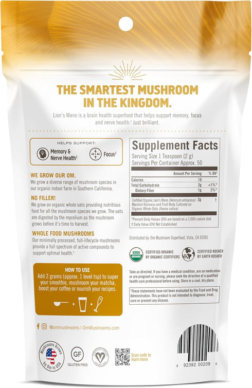 OM MUSHROOM SUPERFOOD Lion's Mane Organic Mushroom Powder, 3.5 oz, 50 Servings, Improves Memory & Focus