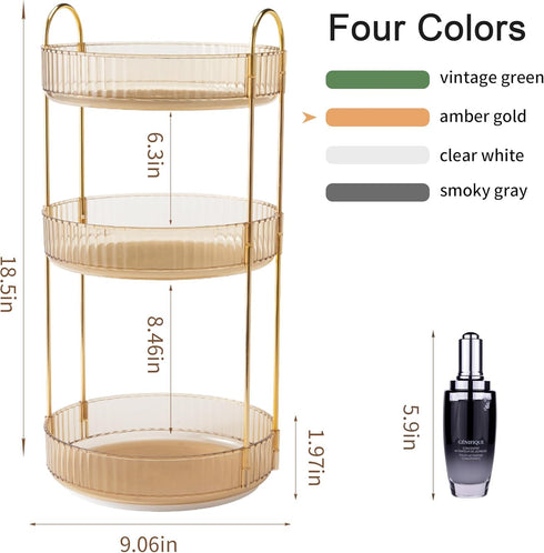 YCIA&DONE 360 Rotating Makeup Organizer - 3 Tiers High Capacity Cosmetic Skincare Perfume Storage for Vanity, Amber Gold