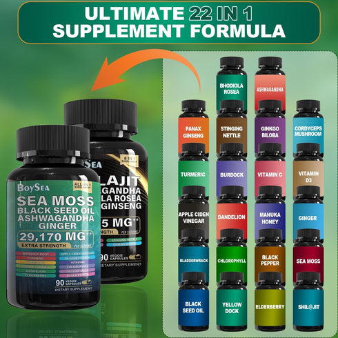Boysea Sea Moss and Shilajit Bundle - 90 Count with Sea Moss, Black Seed Oil, Ashwagandha, and More