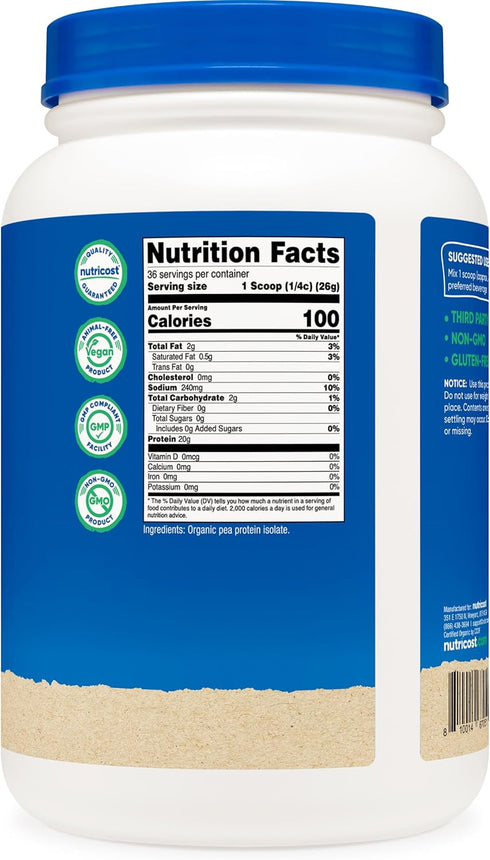 Nutricost Organic Pea Protein Isolate Powder - 2LBS - Unflavored, Certified USDA Organic, Gluten Free