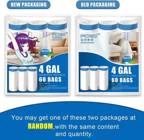 FORID Small Drawstring Trash Bags, 4 Gallon Plastic Garbage Bags, 60 Count, White Unscented Can Liners for Bathroom