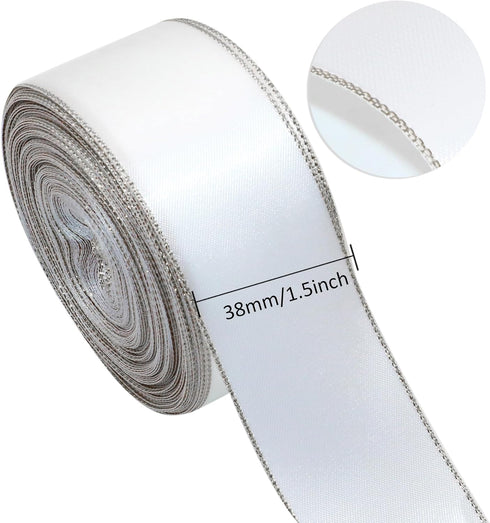 David accessories Satin Ribbon with Silver Edges 1.5 Inch Wide 20 Yards, Gold Border Fabric Ribbons for Gift Wrapping DIY Crafts Christmas Decor Wreath Bows Invitations (White)