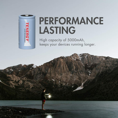 Tenergy C Size Battery 1.2V 5000mAh High Capacity NiMH Rechargeable, 4 Pack for Toys and More