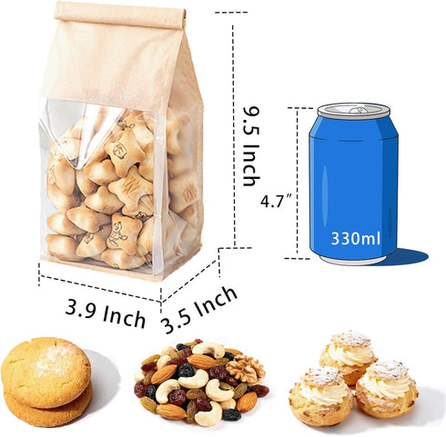 Roppolo 100 Packing 3.9 Inch Pcs Bread Bags with Tin Tie, Loaf Bags Made Of Brown Cotton Paper, Storage Bag with Clear
