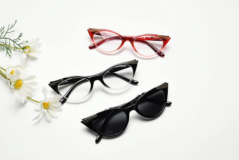 Eyekepper Women's 3 Pairs Eyeglasses, Vintage Cat Eye Eyewear, Sunglasses (Black Transparent/Red Transparent/Grey Lens,