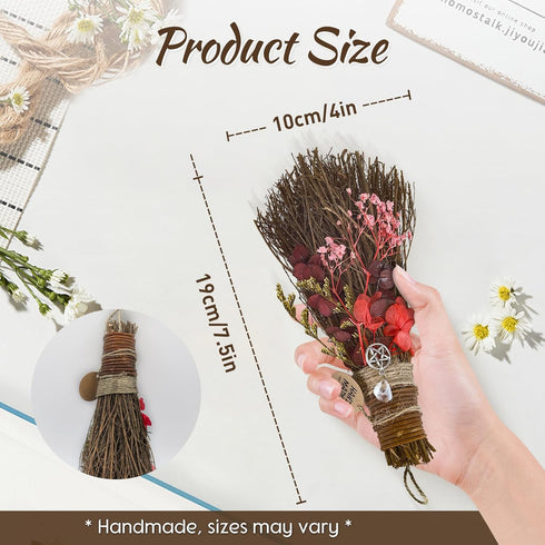 Handmade Cinnamon Broom 7.5" Witches Broom for Altar, Scented Herbal Protection Mini Broom, Fall Halloween Decor (Red)
