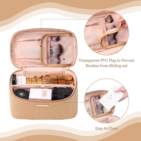 Dajasan Large Capacity Makeup Bag, Travel Makeup Organizer Bag, Portable PU Leather Toiletry Bag for Women (Khaki)