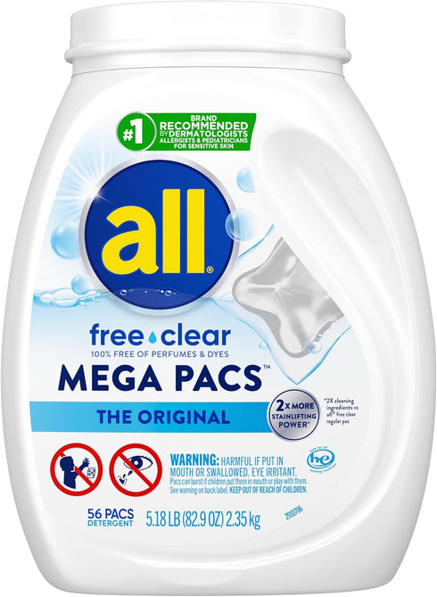 all Mega Pacs Laundry Detergent Pacs, Free Clear for Sensitive Skin, Unscented & Dye Free, 56 Count