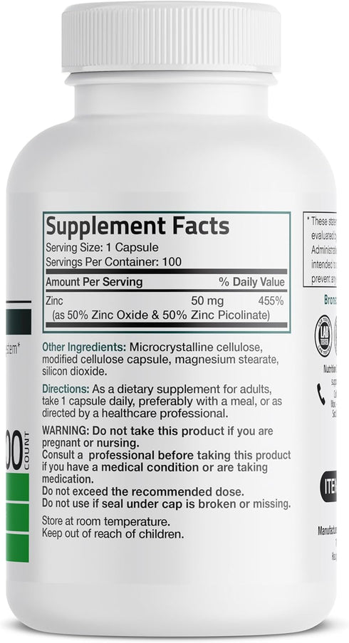 Bronson Zinc 50mg Complex (Zinc Oxide 50% & Zinc Picolinate 50%) High Potency Immune Support Supplement & Antioxidant and Skin Health - Non GMO, 100 Vegetarian Capsules
