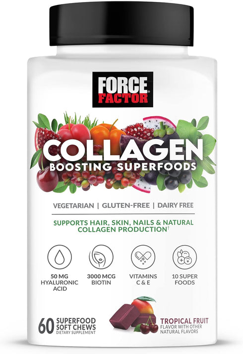 Force Factor Collagen Boosting Superfoods, 60 Soft Chews, Tropical Fruit Flavor, Biotin, Hyaluronic Acid, Hair & Skin