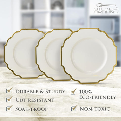 SILVER SPOONS Elegant Disposable Plates - (10 pc) Heavy Duty Salad Plates 8.25”, Fine Dining Plastic Dishes, Ivory/Gold